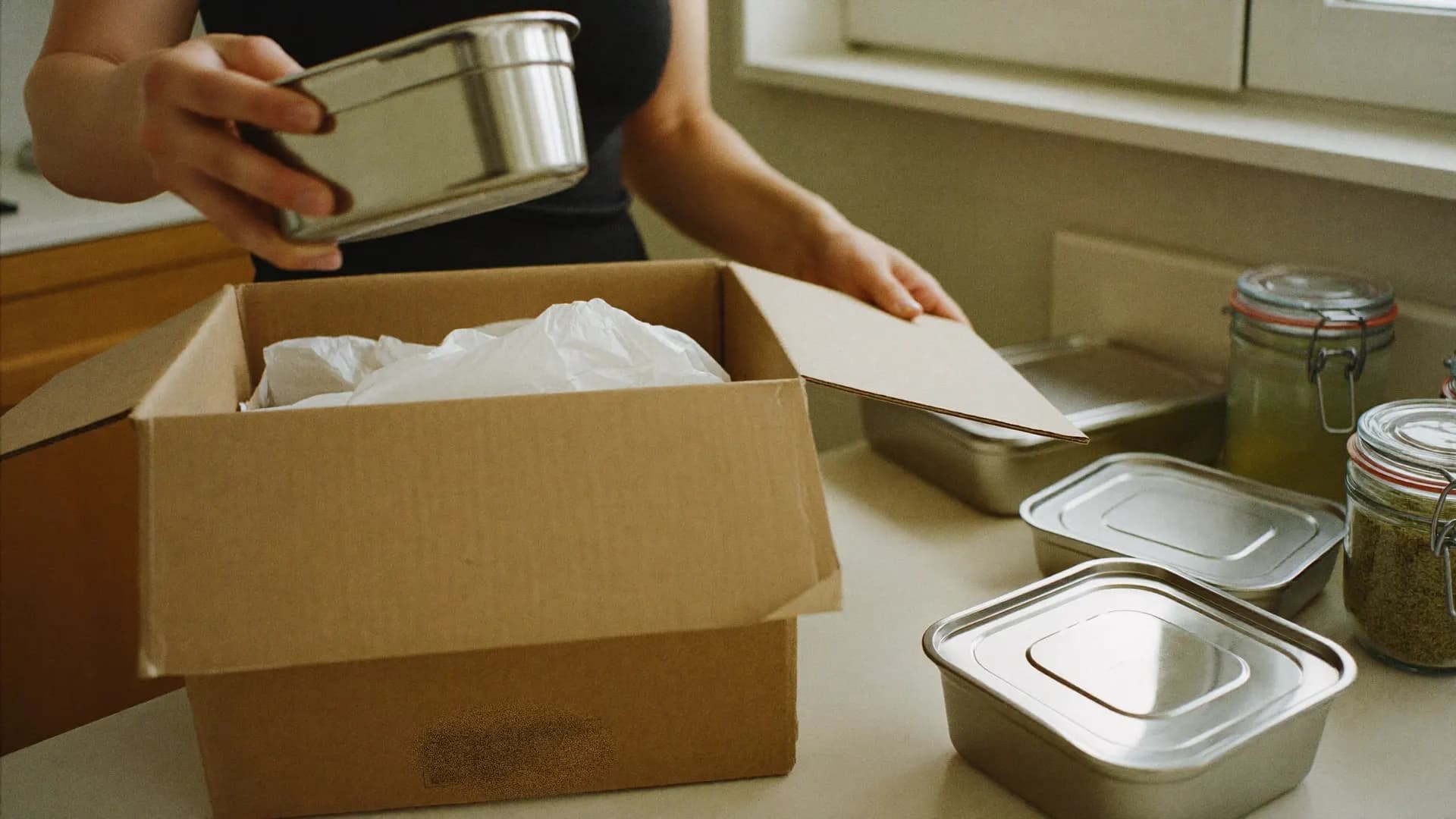 Hands unpacking a delivery box of steel kitchen containers on a counter