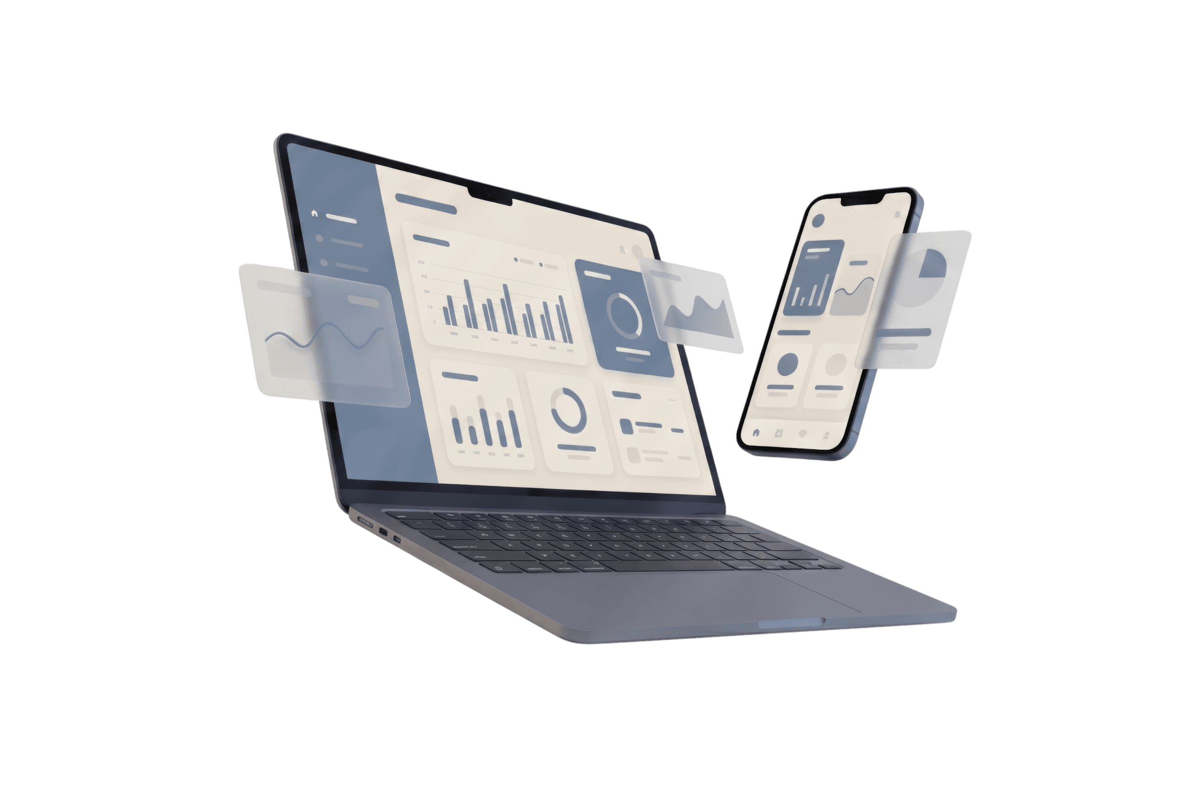 A laptop and phone showing software dashboards Kompilo builds, with charts and cards