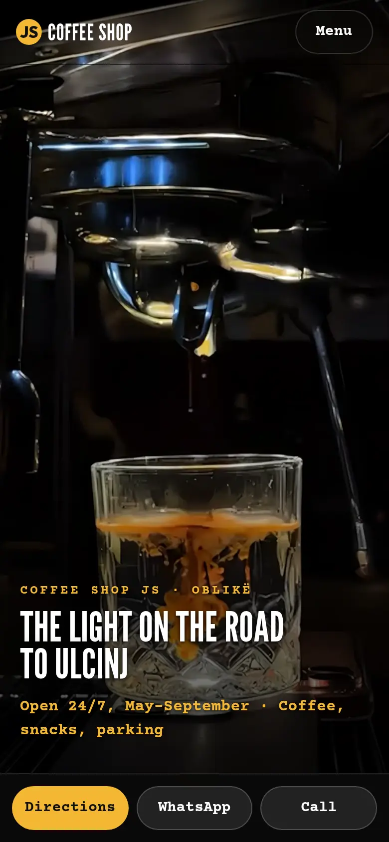 The site on a phone: the owner’s espresso video and the Directions, WhatsApp and Call bar