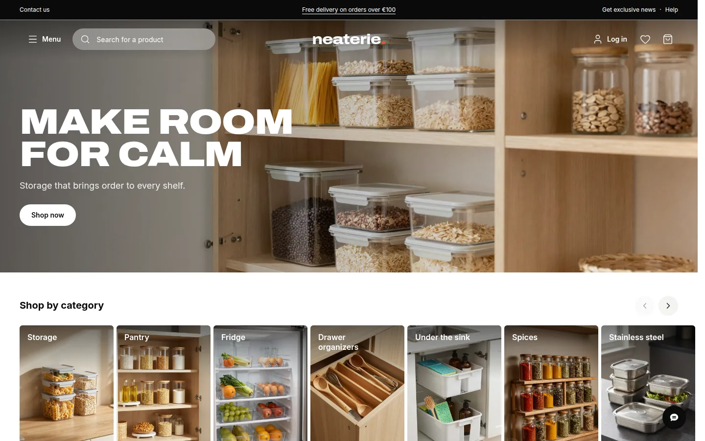 The Neaterie home page: hero, categories and best sellers