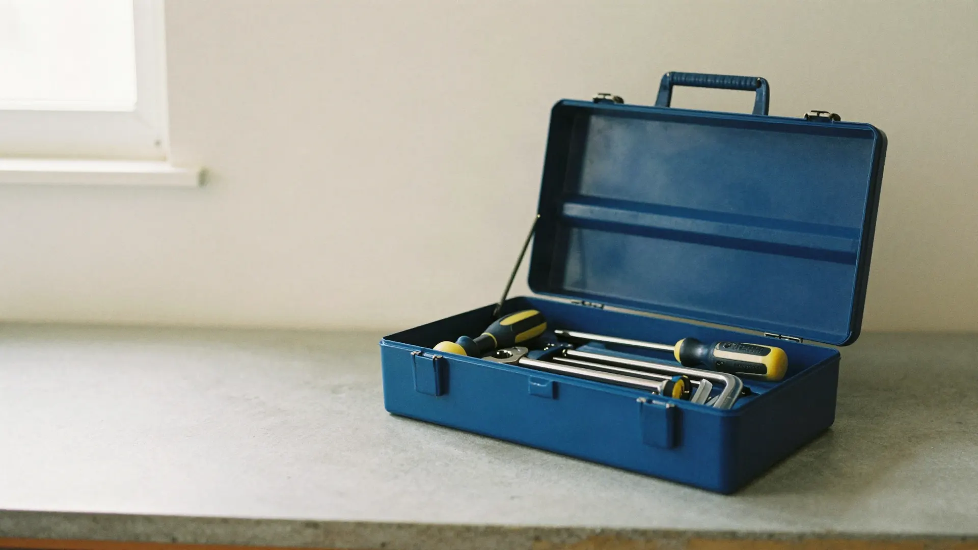 An open blue toolbox with hand tools on a concrete workbench