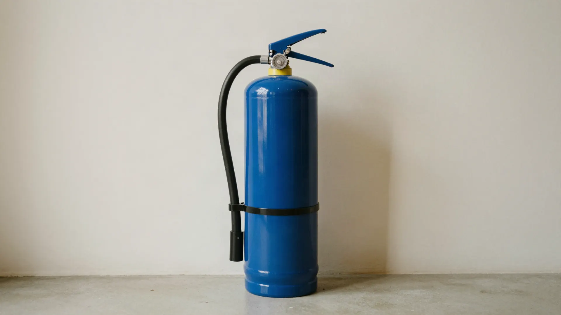 A blue fire extinguisher on a concrete floor