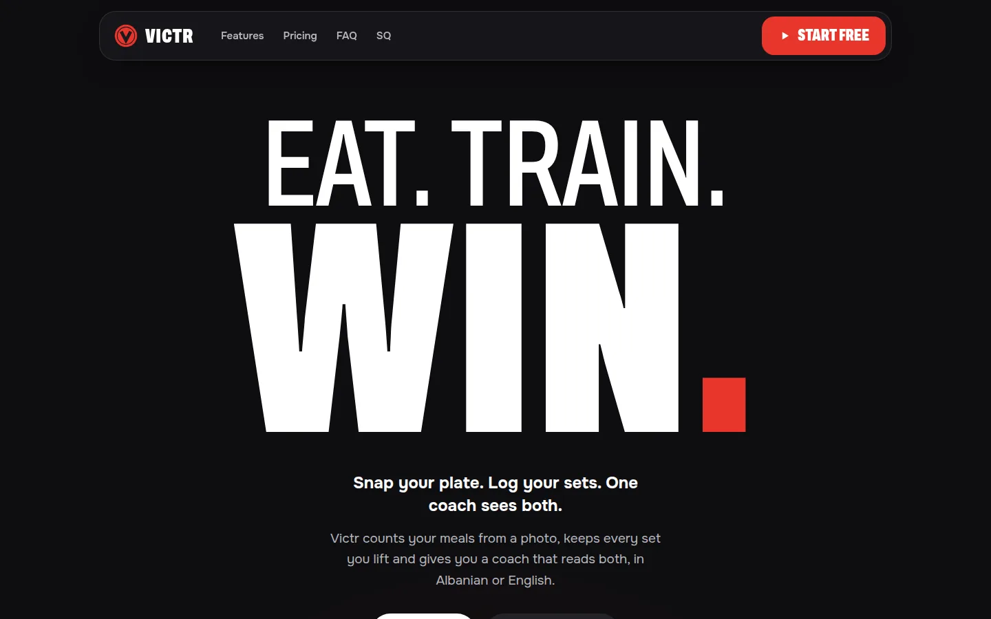 The Victr landing page: Eat. Train. Win.