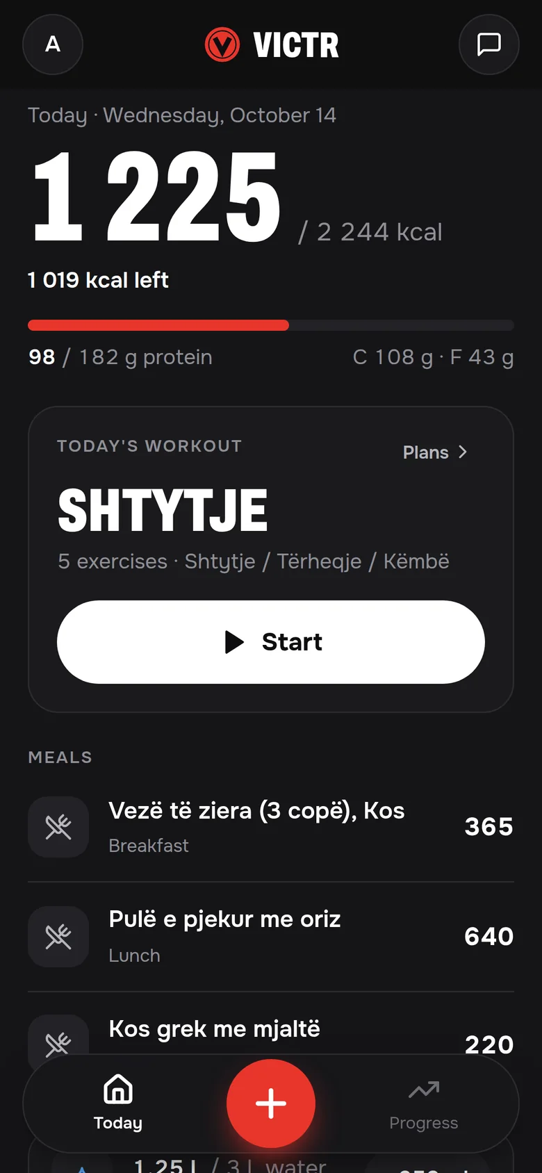 Victr on a phone: today’s calories, protein and workout